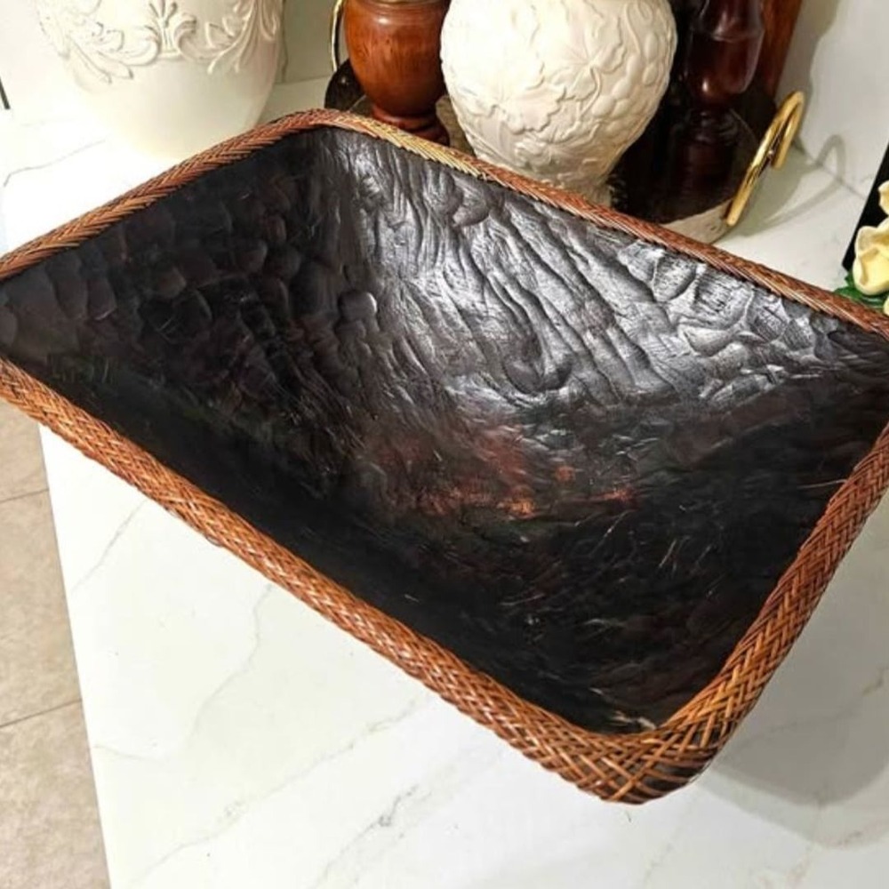 Hand-Carved Dark Wood Dough Bowl with Woven Rattan Rim